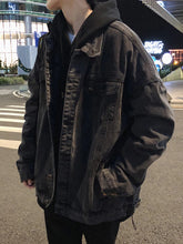 Threebooy Black Denim Jacket Men's Autumn Handsome High Street Retro Big Pocket Tooling Coat Hong Kong Style Oversize Jeans Top